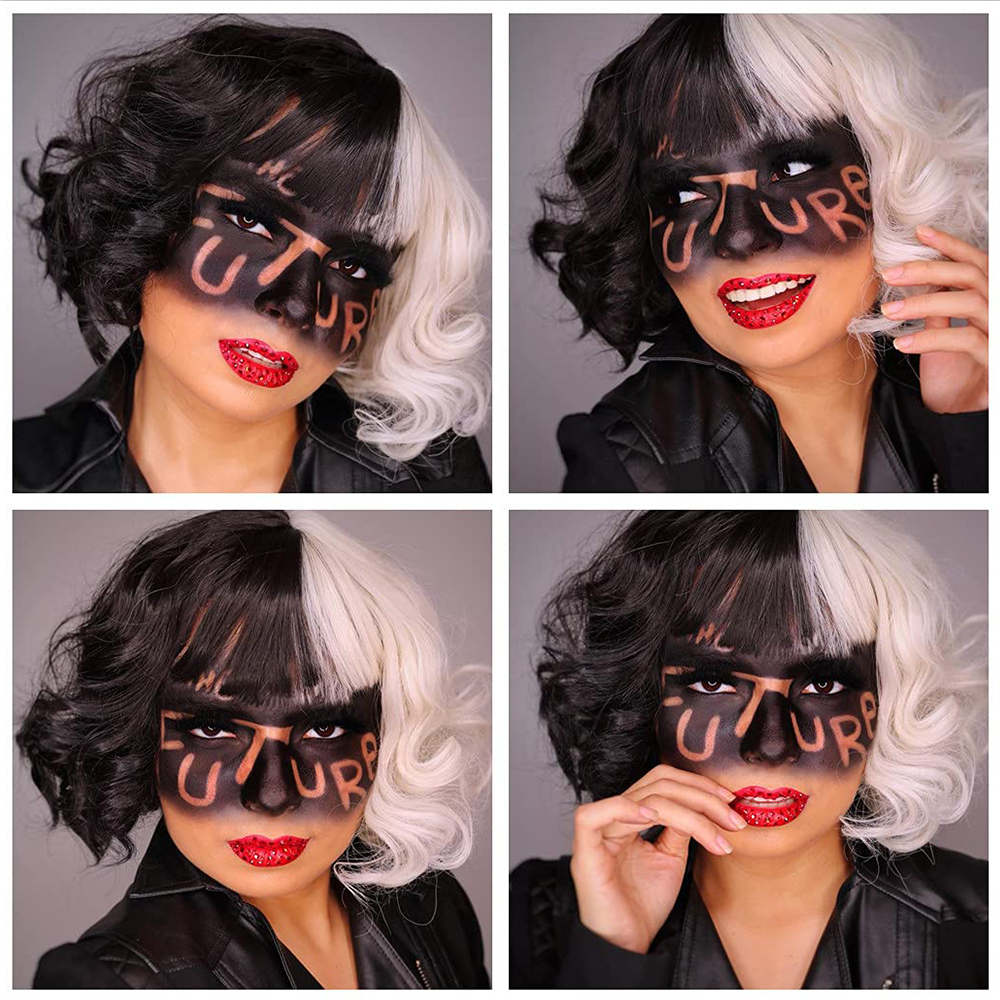 Jewtribute Hair®|Short Wavy Wigs With Bangs Half White Half Black 