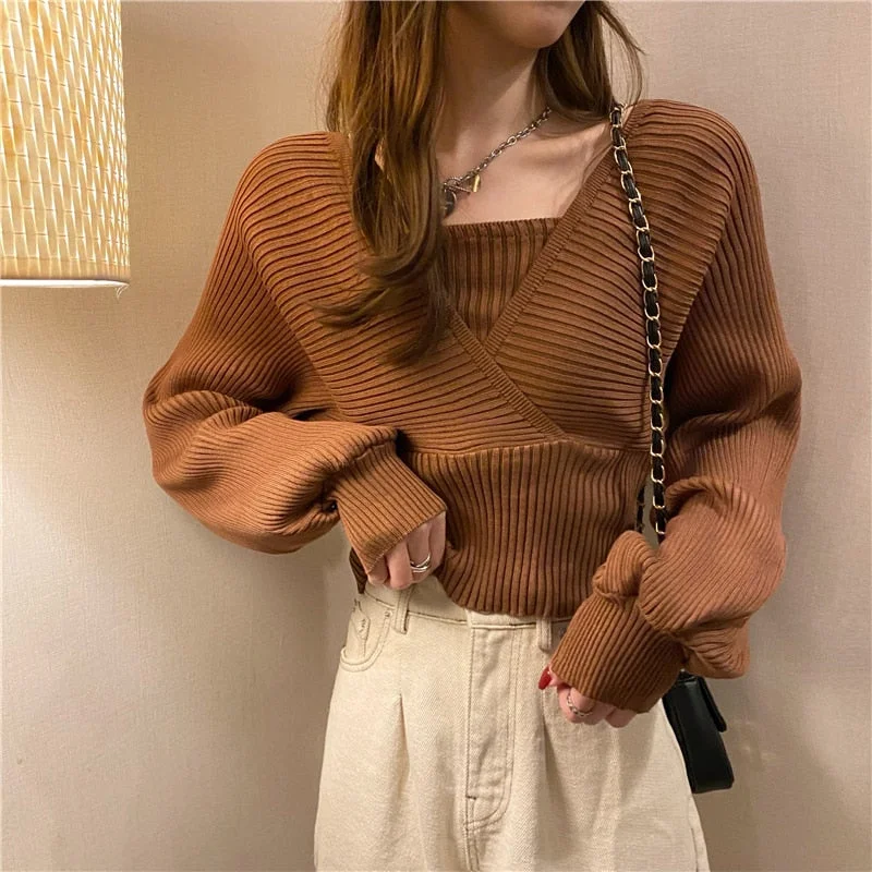 Elegant Solid Slim Autumn Short V Neck White Knitted Tops Bottom Fake Two Pieces Pullover Sweaters Lady Fashion Chic Korea 17394