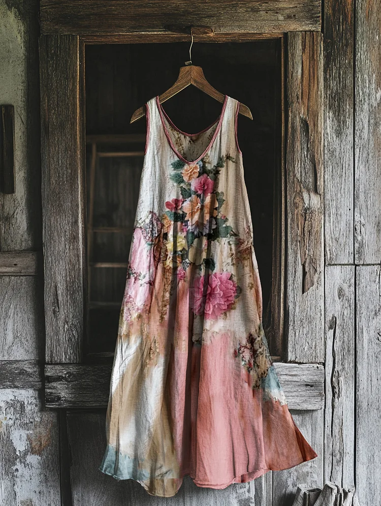 Simpfit Vintage-Kleid aus Nachahmung aus Nachahmung aus Baumwolle und Leinen mit floralem Patchwork für Damen