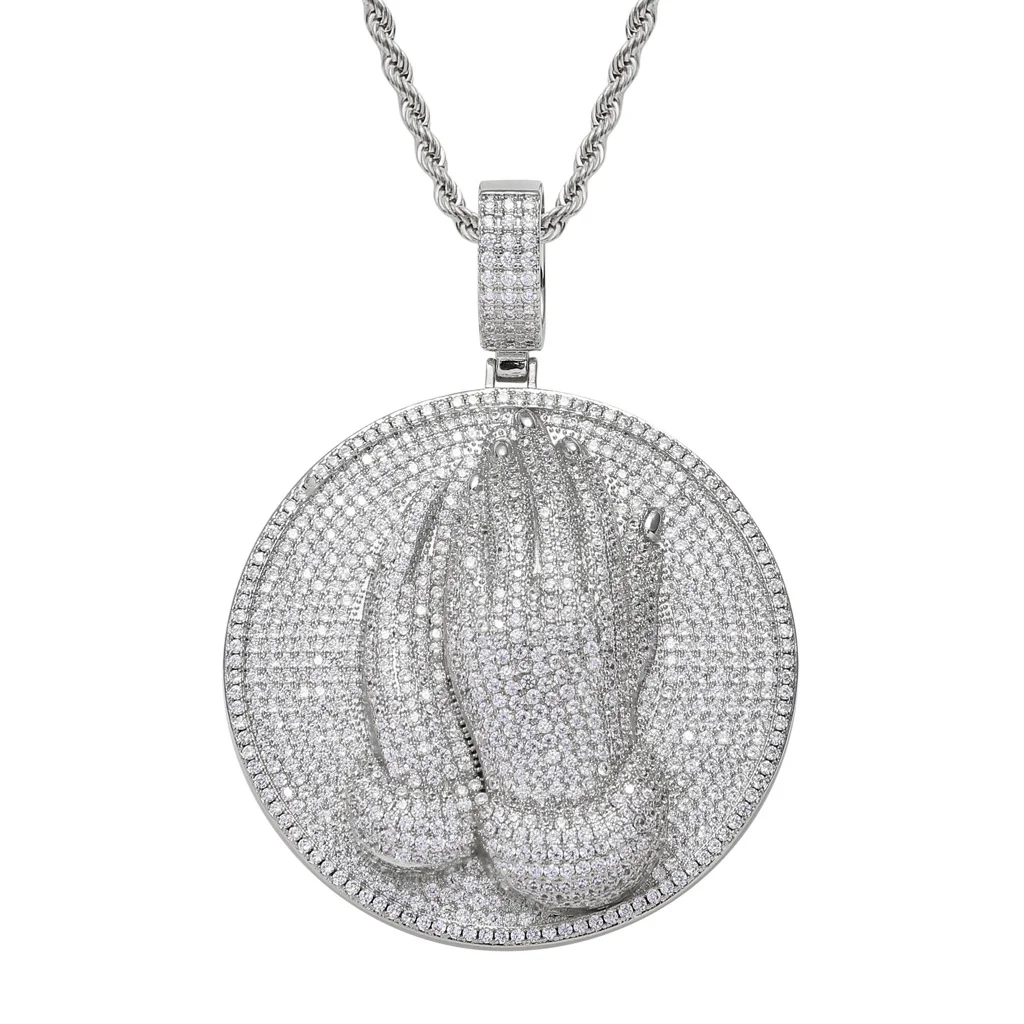 Praying Hands Circle Pendant 18K Gold Plated Iced Out Jewelry-VESSFUL