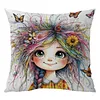 Quirky Girl 11CT Stamped Cross Stitch Pillow Cover Kit 3-Strand Embroidery with Zipper 45x45cm