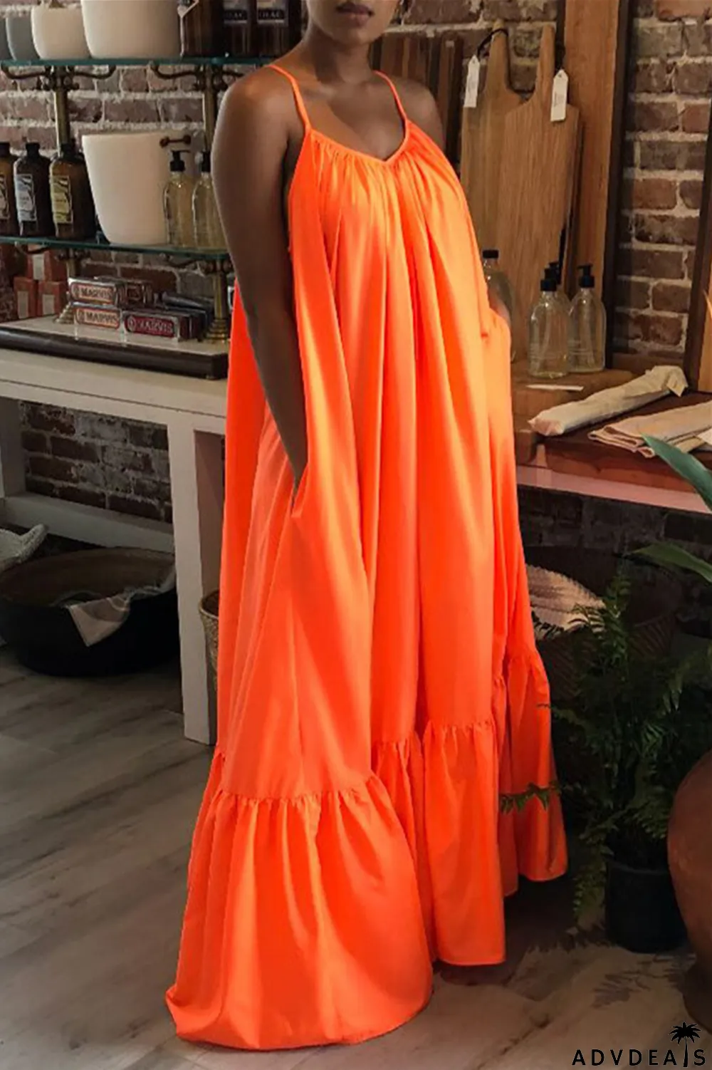 Dark Gray Sexy Casual Solid Backless Spaghetti Strap Loose Sling Dress