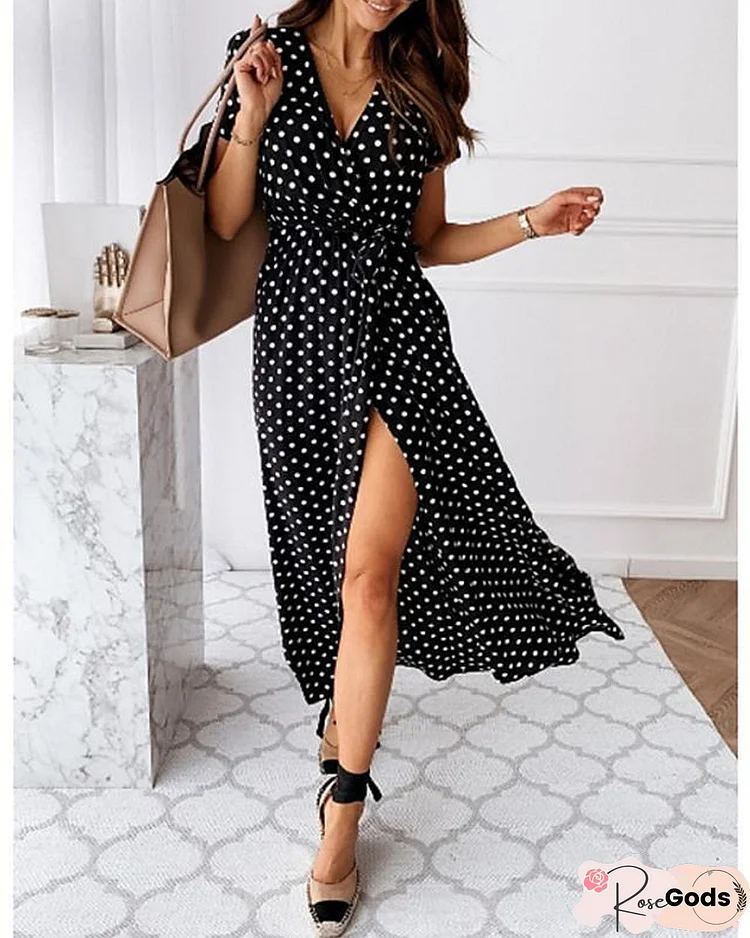 Women's Wrap Dress Maxi Long Dress - Short Sleeve Polka Dot Print Summer V Neck Hot Casual Sexy Black Blue Blushing Pink Dark Green Black Dresses