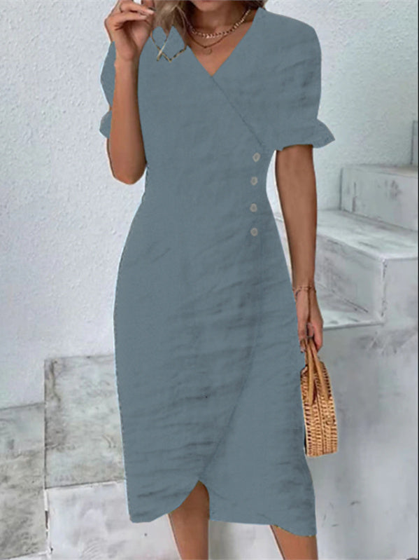 Women Half Sleeve V-neck Solid Color Dress
