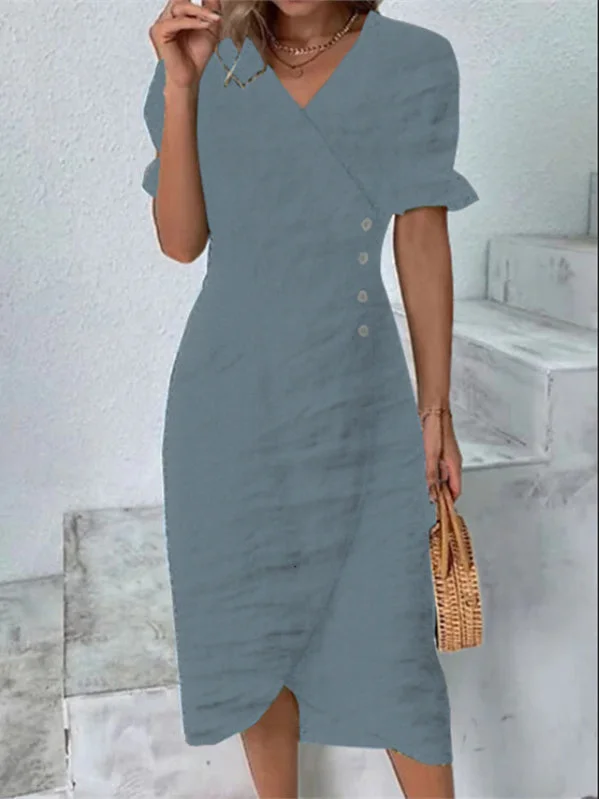Women Half Sleeve V-neck Solid Color Dress