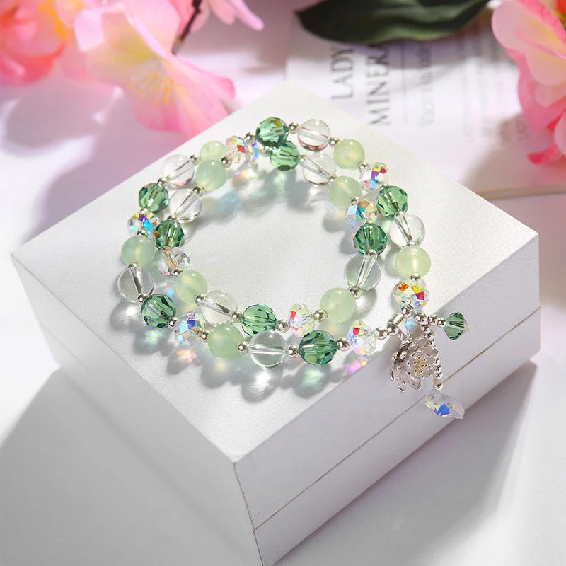 Sterling Silver Lotus Fairy Austrian Crystal Grape Stone White Crystal Multi-Layer Beaded Bracelet