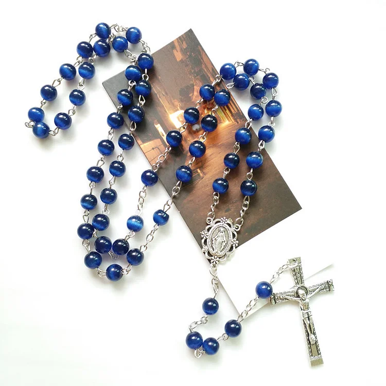 Olivenorma Blue Cat's Eye 8mm Stone Cross Rosary Necklace