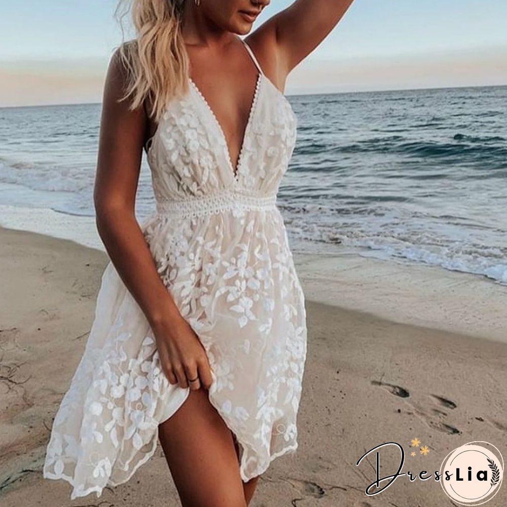 Brand New Women Party Lace Flower Backless Mini Dress Summer Sexy Sling SpaghettiStraps Deep V Neck Wedding Club Vestidos
