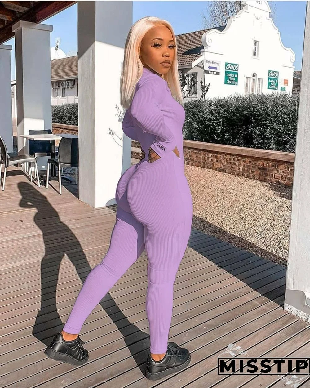 Threaded Long Sleeve Cuff Embroidery High Stretch Jumpsuit