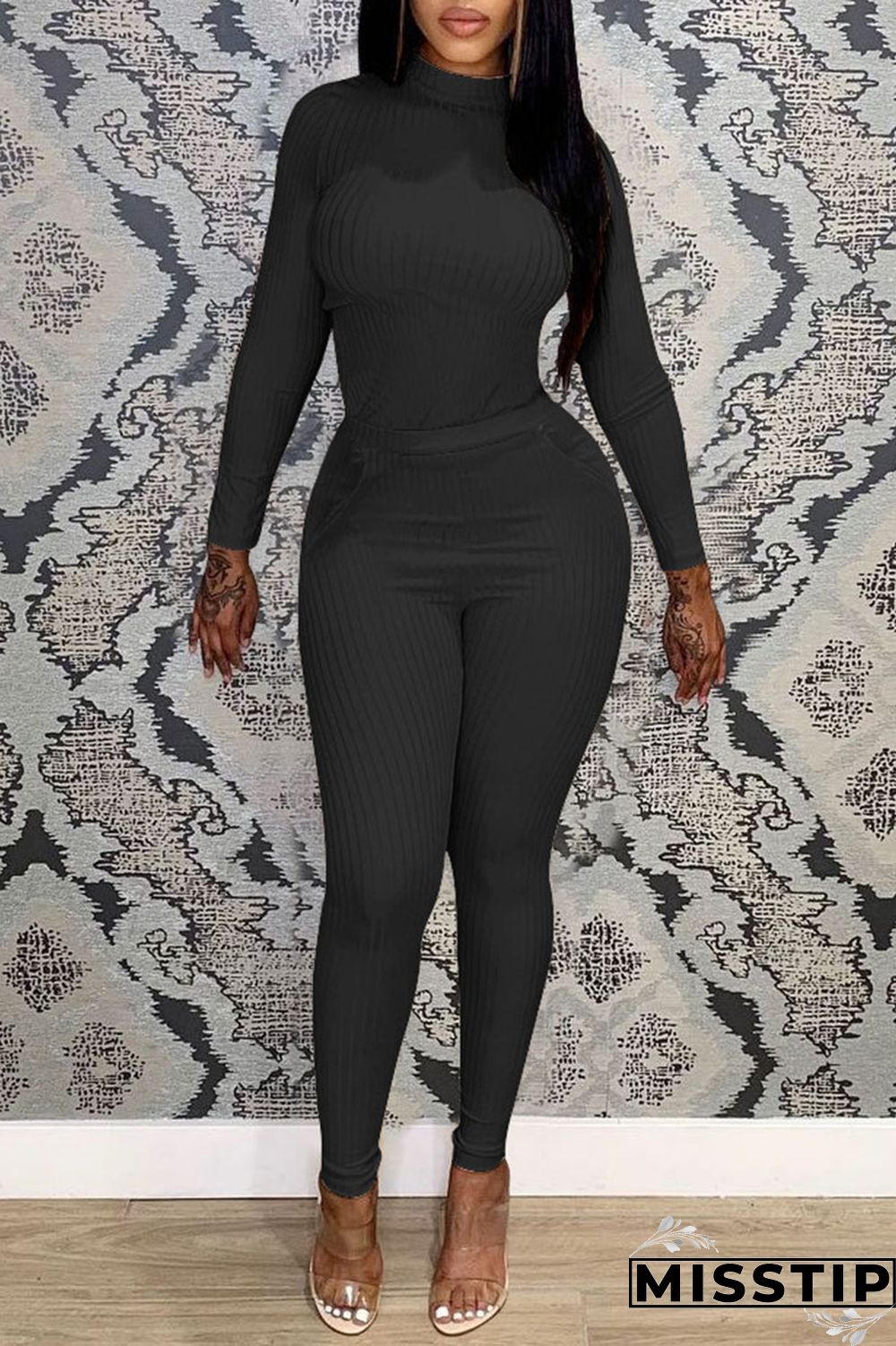 Black Casual Solid Patchwork O Neck Long Sleeve Two Pieces