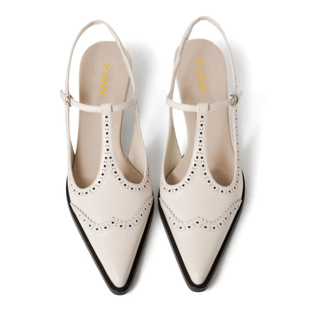 Vegan Leather Buckle Strap Pointed Toe Slingback Heels in Ivory