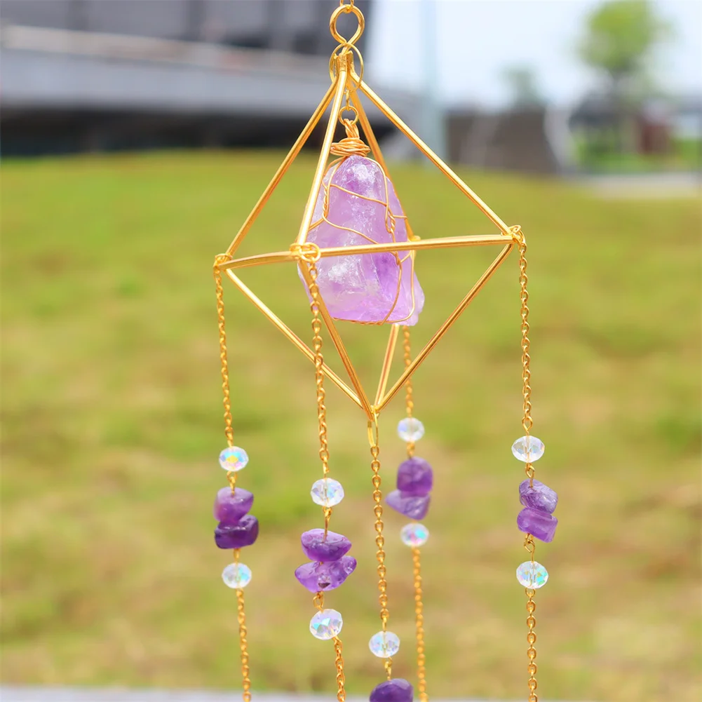 Crystal Wind Chimes Natural Stone Prism Light Catcher Garden Decor (Purple)