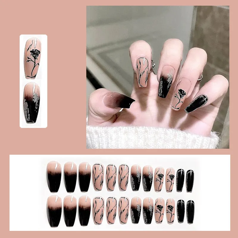 24pcs Butterfly decorated false nails Removable Long Paragraph Fashion Manicure press on nail tips full cover acrylic for girls-Nail Inspo