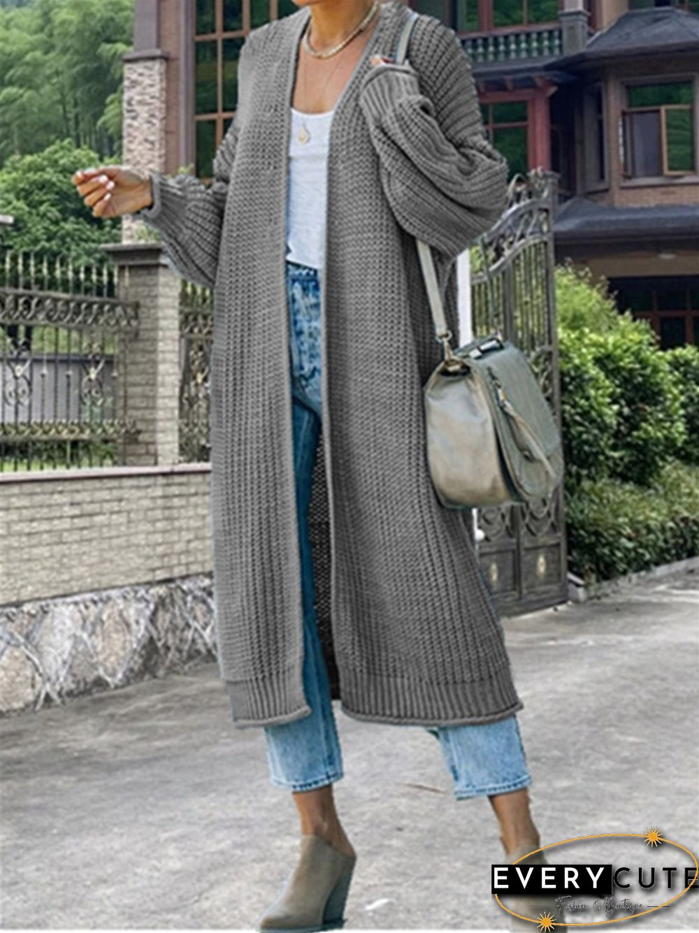 Curled Coarse Thread Solid Long Knitted Coat