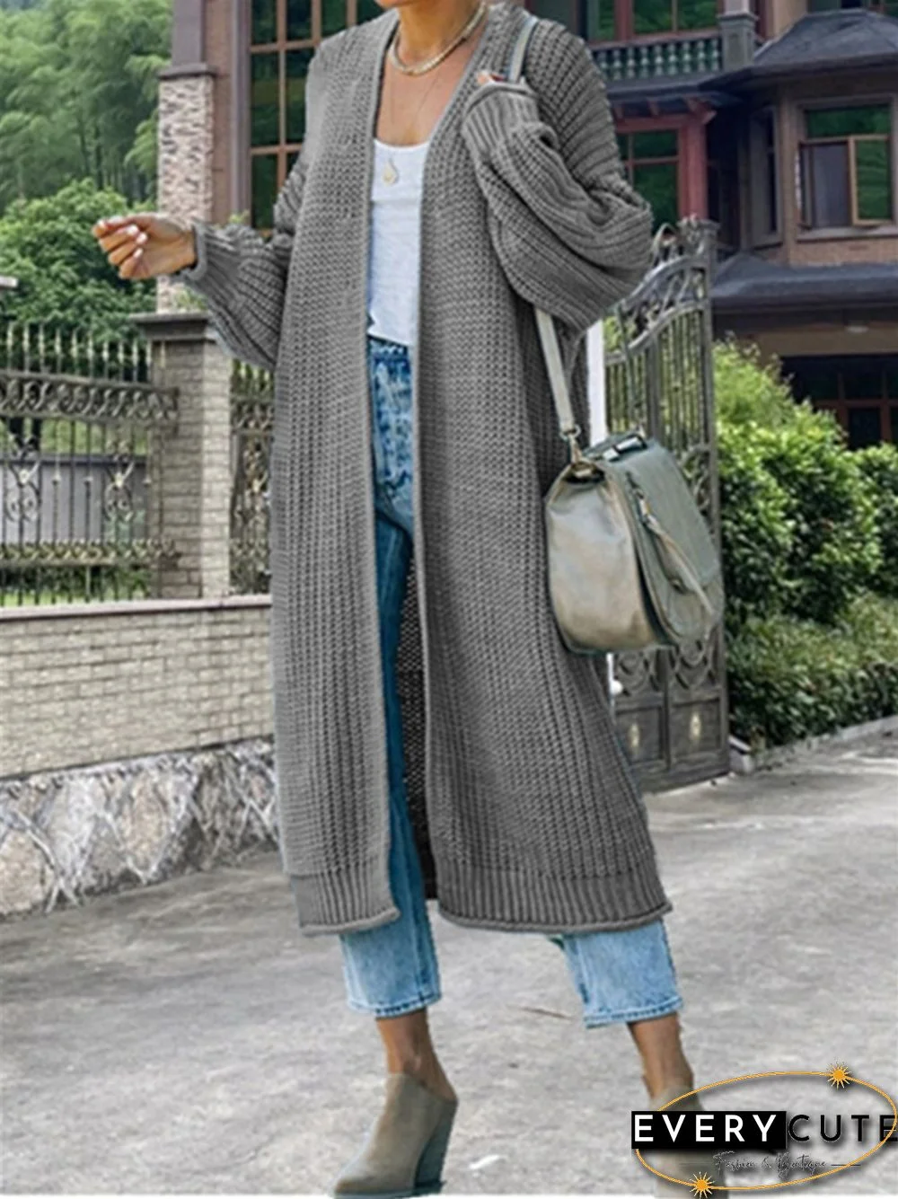 Curled Coarse Thread Solid Long Knitted Coat