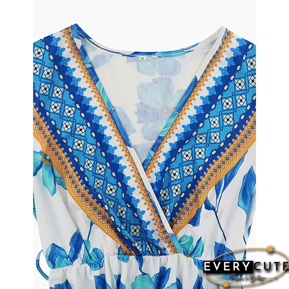 Light Blue Retro Bohemia Print V Neack Beach Dress