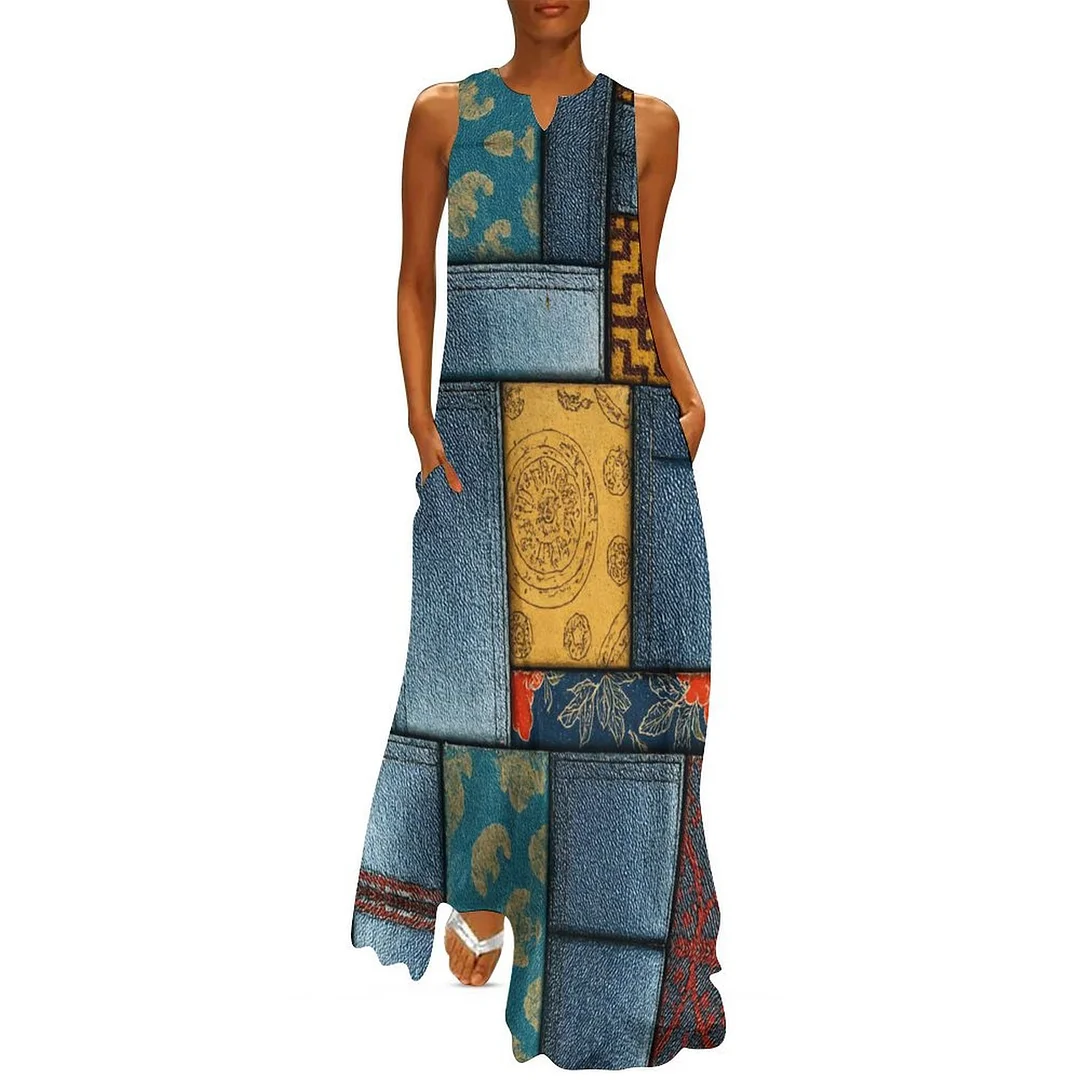 Style & Comfort for Mature Women Plus Size Printed Sleeveless Casual Women Maxi Dress with Pockets in Pattern Patchwork, Denim Blue, Striped