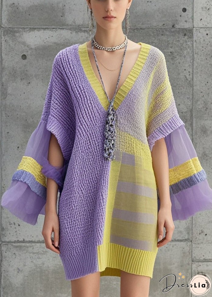 Women Lavender Asymmetrical Patchwork Tulle Knitwear Dress Fall