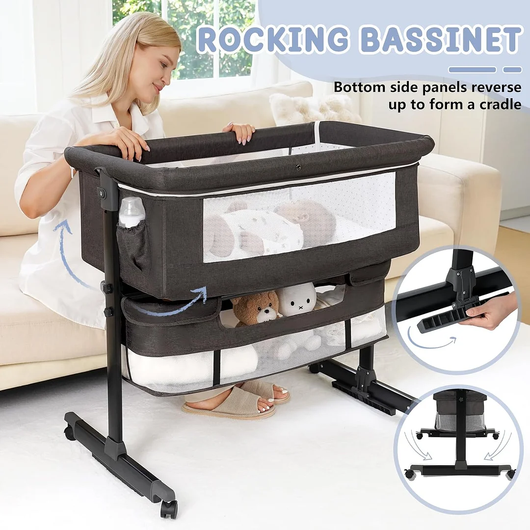 Baby Bassinet, 3 in 1 Bedside Bassinets for Baby, Bassinet Bedside Sleeper with Wheels, Adjustable Height with Rocking Mode, Breathable Mesh, Storage Basket, Easy Assemble & Folding (Dark Gray)