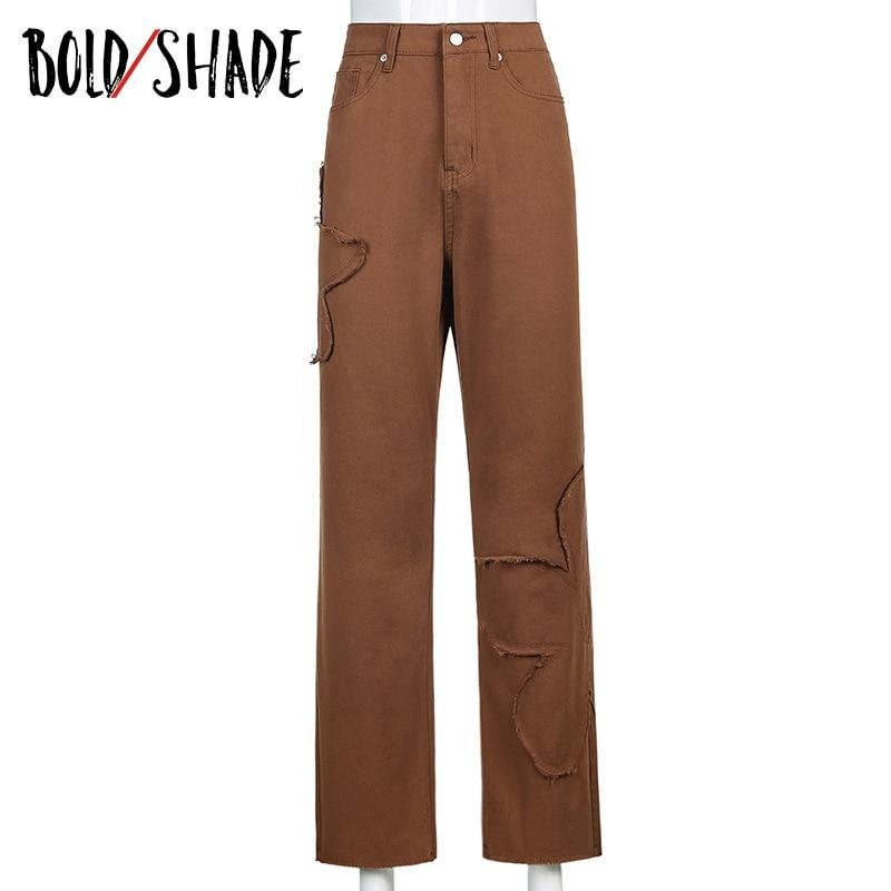 Bold Shade Indie Clothes Aesthetic Women Jeans Floral High Waist Brown Wide Legs Pants Denim 90s Skater Vintage Street Trend Hot