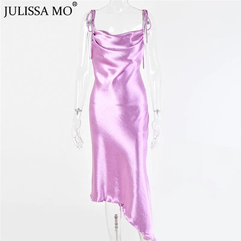 Julissa mo Metallic Satin Straps Long Dress Summer Backless Women Asymmetrical Dress Female Elegant Christmas Party Vestidos