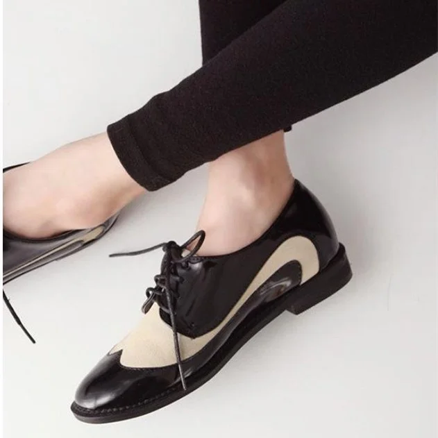Beige and Black Lace-Up Brogues Vintage Oxfords Shoes Vdcoo