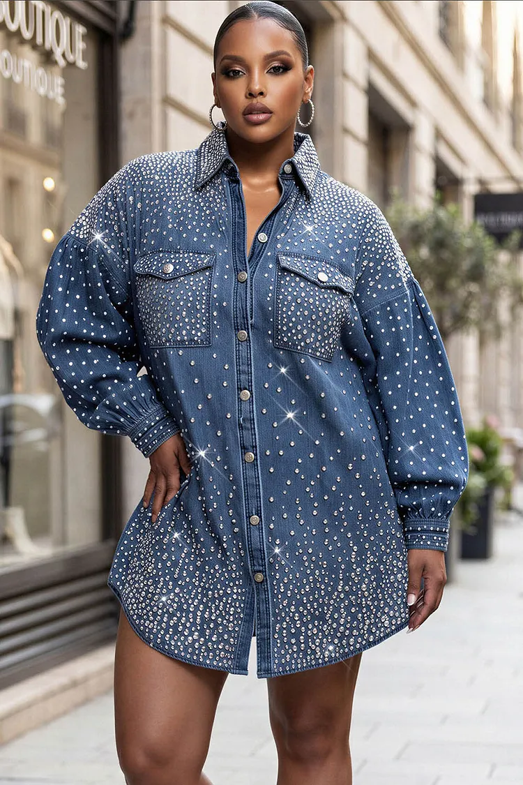 Xpluswear Design Plus Size Party Blue Shirt Collar Long Sleeve Drilling Denim Mini Dresses [Pre-Order] 2024 - Xpluswear