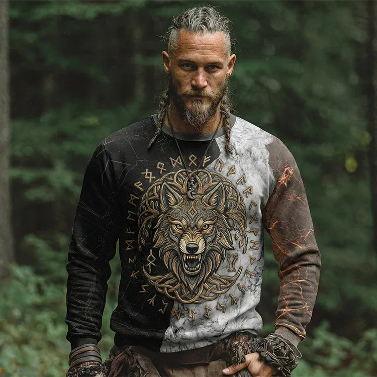 Men's Viking Tribal Jacquard Celtic Wolf Inspired Art Print Long-sleeve T-shirt
