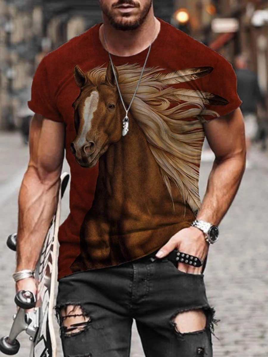 men's new round neck retro horse print loose T-shirt