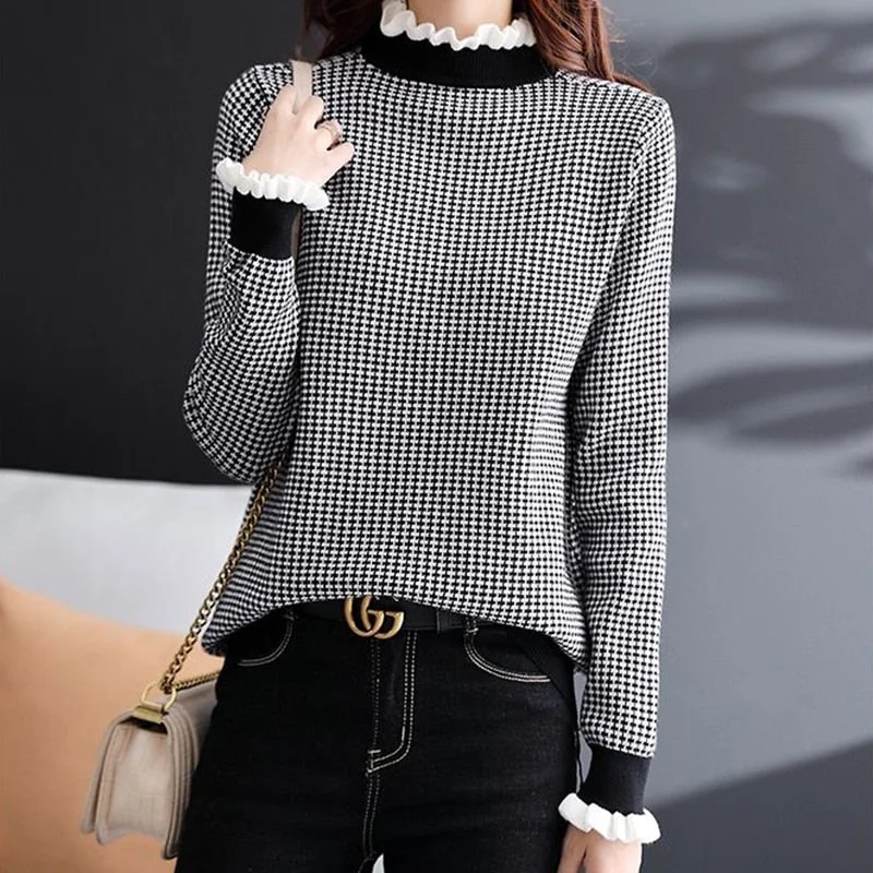 Houndstooth sweater women 2021 fall/winter new style Korean fashion retro wooden ears fake two-piece plaid pullover base sweater