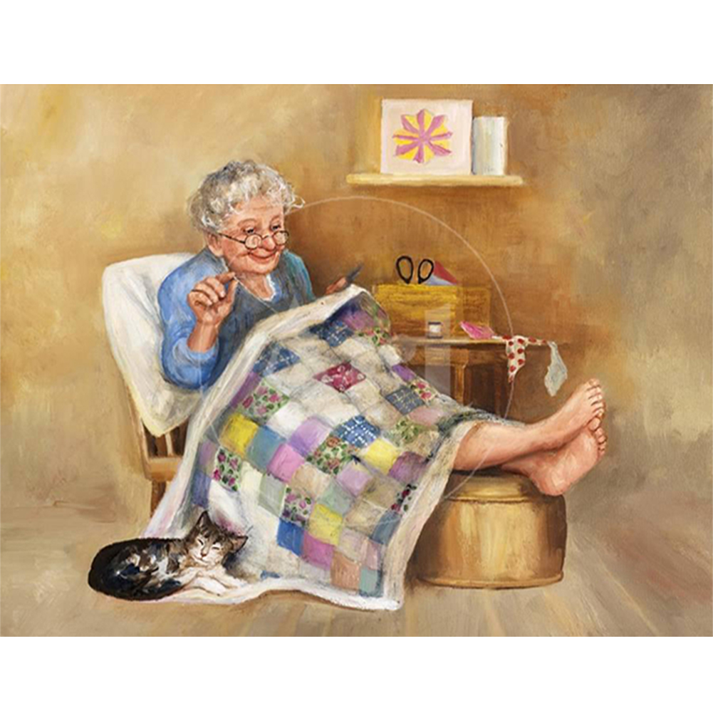 Old Woman Sewing - 14CT Counted Cross Stitch 50*40cm/19.69*15.75in