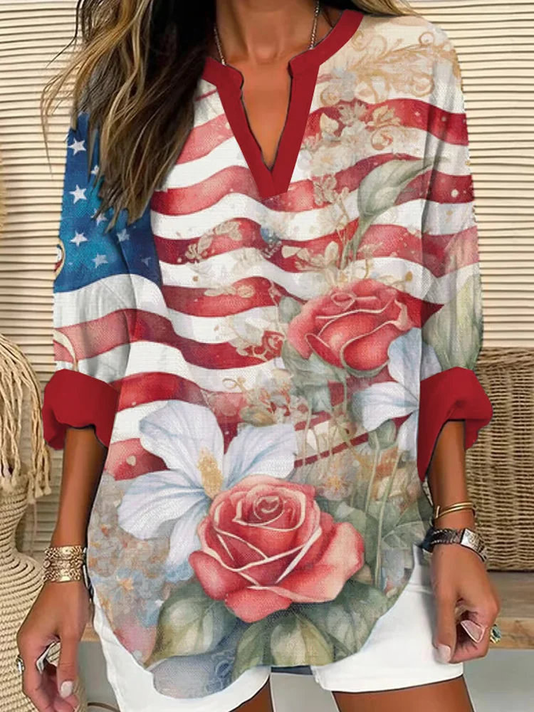 Women's Independence Day Flag Floral Print Casual Long Sleeve V-neck Shirt