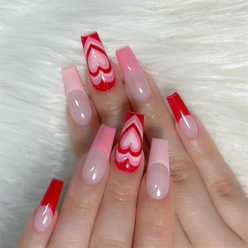 Red Sweetie Designed Press on French Nails Medium Ballerina Fake Nails with design 24PCS/Set JP1342