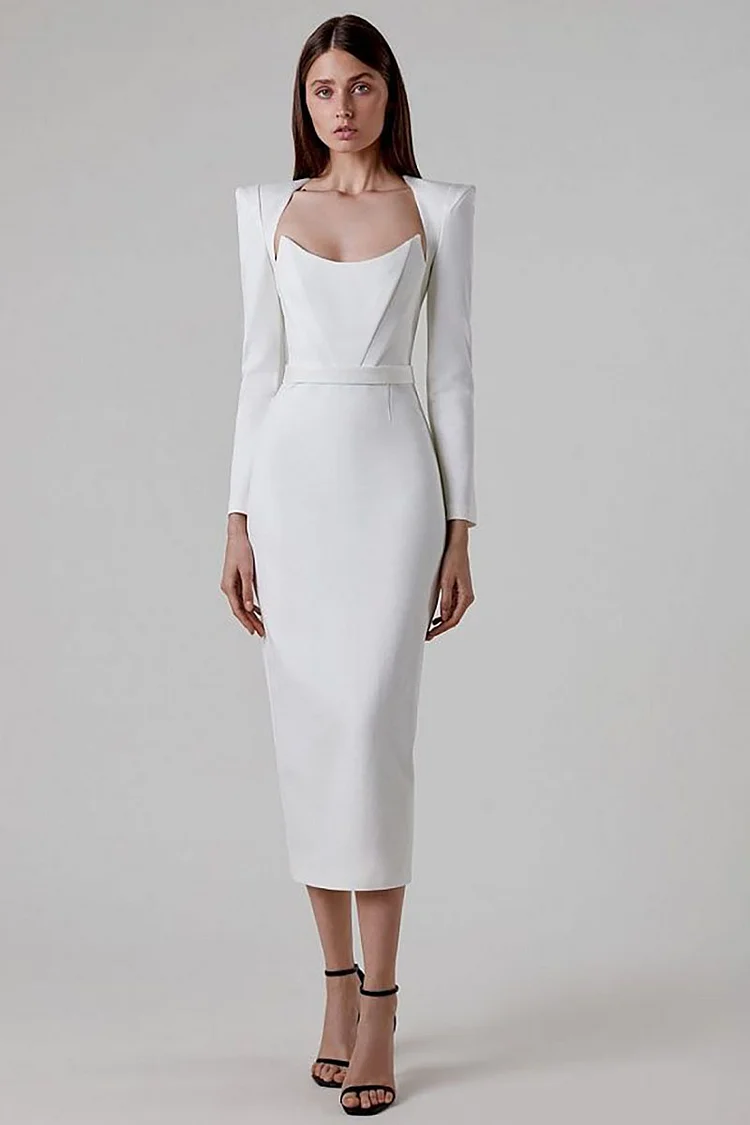 Plain Irregular Neck Corset Long Sleeve Bodycon White Midi Dresses