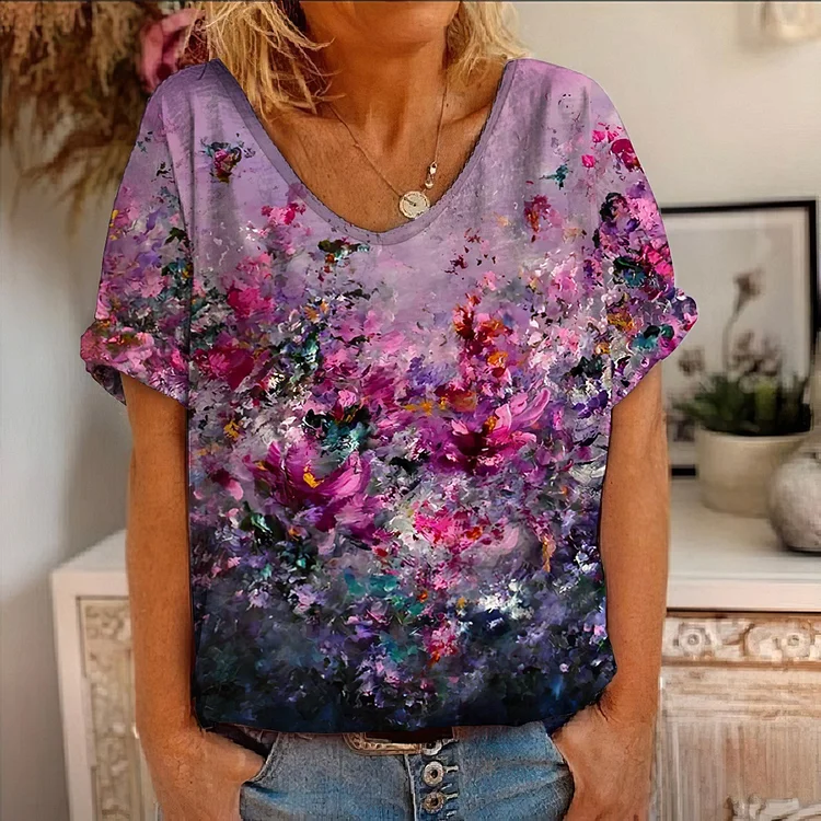 Casual Botanical Print Short Sleeve T-Shirt