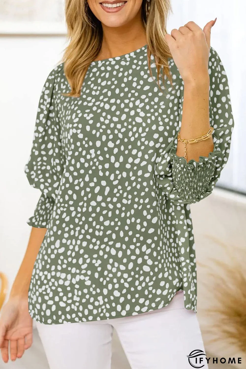 Green Leopard Print Shirred Cuff 3/4 Sleeve Blouse | IFYHOME