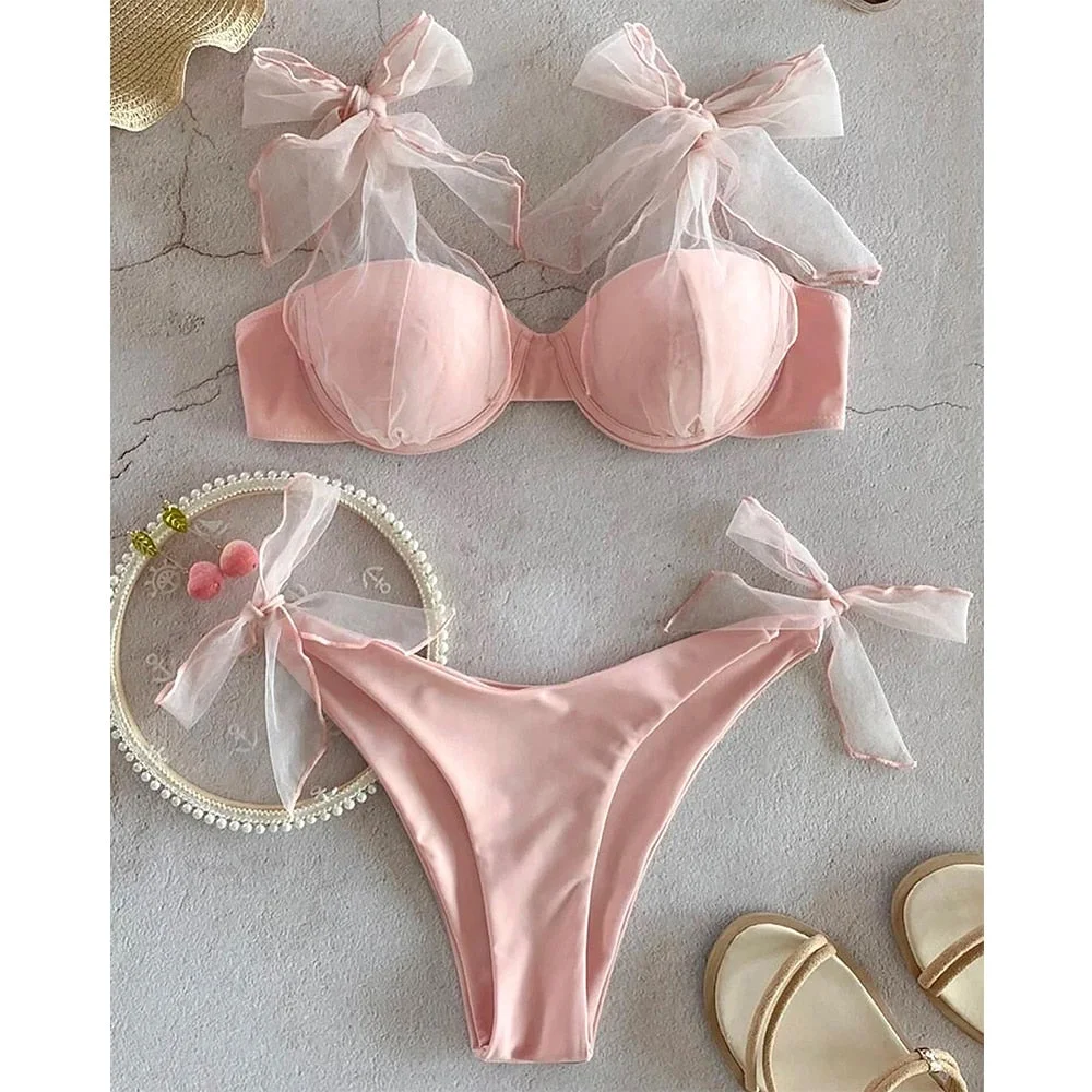 2021 New Sexy Bikini Set Low Waist Solid Pink Swimsuit Strappy Swimwear Women Brazil Bathing Suit Net yarn Beach Wear biquini