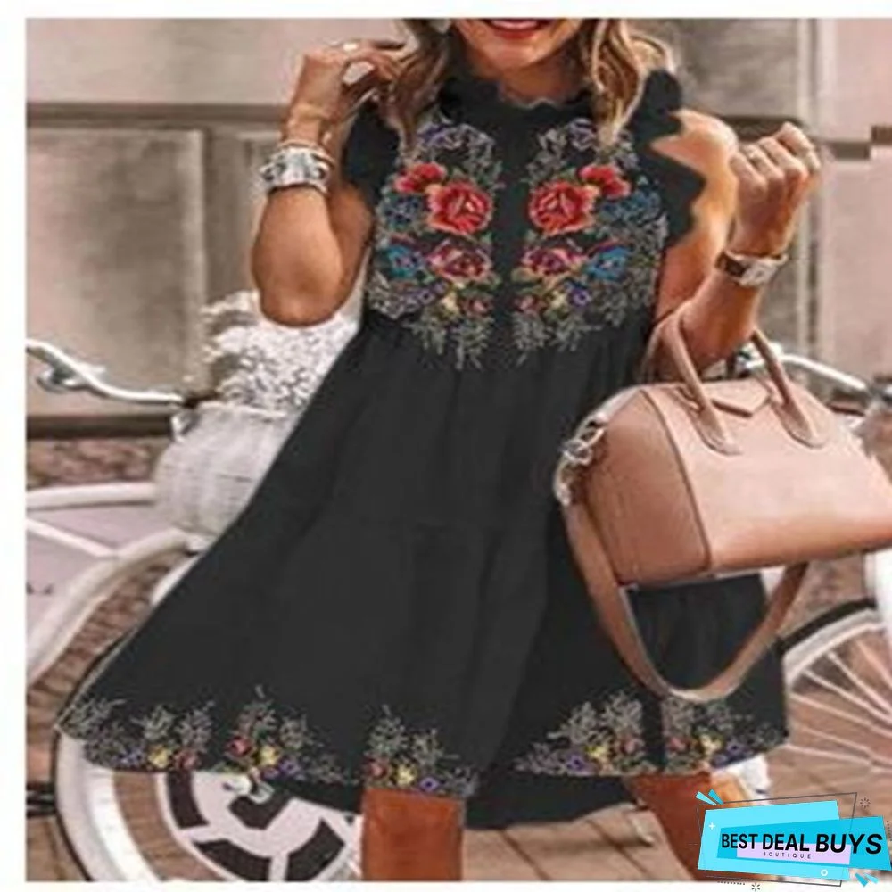 Fashion Printed Loose Cake Dress White Dresses