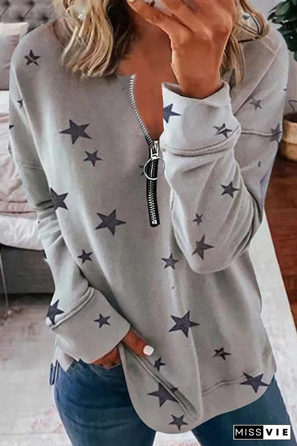 Casual The stars Split Joint Zipper Zipper Collar Tops(8 colors)
