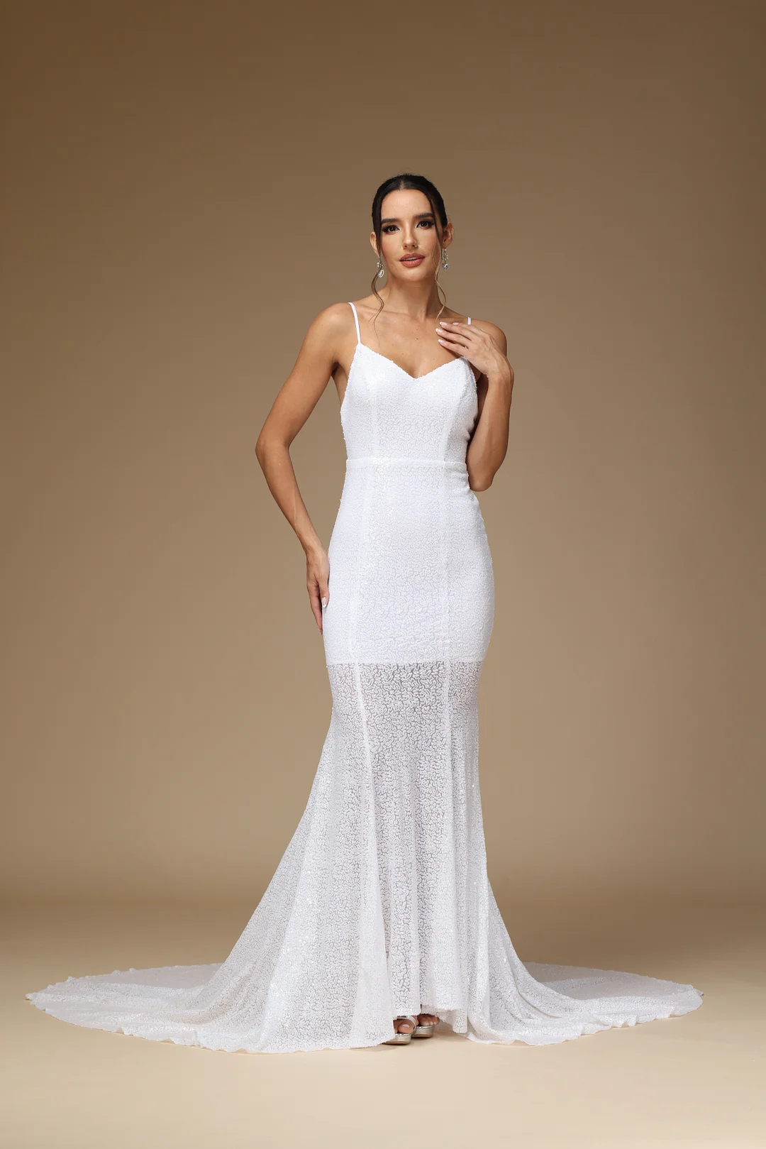 Okdais White Prom Dress Spaghetti Strap V Neck Long Sleeveless Mermaid YX0029