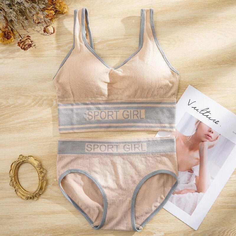 Meet'r Women's Sexy Sports Underwear Set Seamless Girl Comfortable Letter Bra Set Female Fitness Top Active Wear Lingerie Set