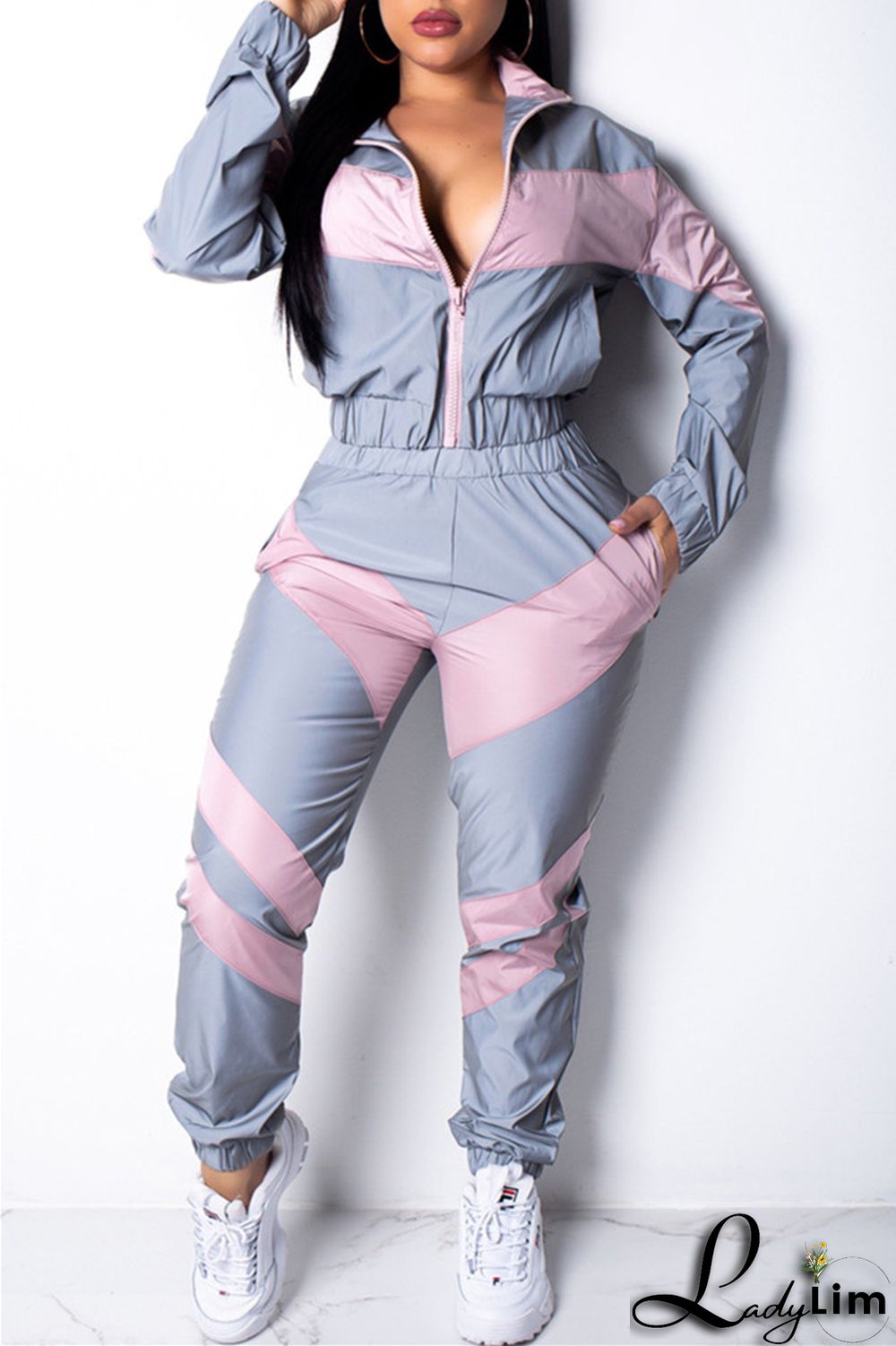 Blue Fashion Casual Patchwork Solid Split Joint Zipper Collar Long Sleeve Two Pieces(Without Pocket)