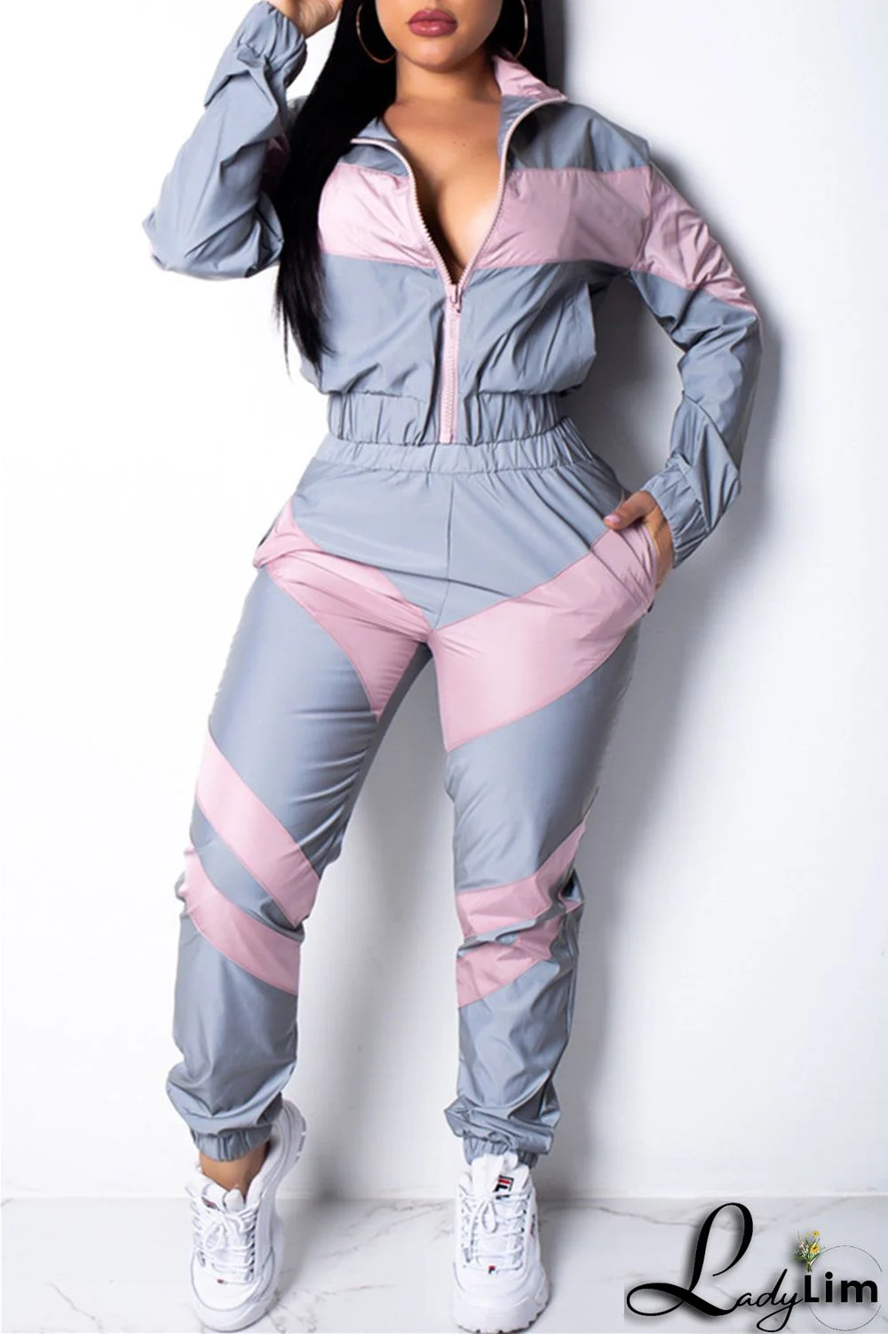 Blue Fashion Casual Patchwork Solid Split Joint Zipper Collar Long Sleeve Two Pieces(Without Pocket)