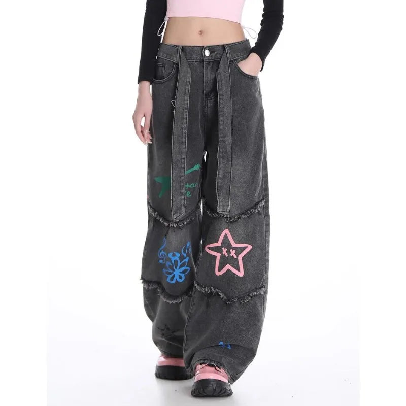 Aiertu American Vintage High Waist Straight Jeans Grunge Streetwear Tassels Print Pants Women's Casual Baggy Y2K Wide Leg Denim Trouser Aiertu
