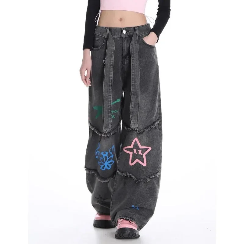 Nncharge Vintage High Waist Straight Jeans Grunge Streetwear Tassels Print Pants Women's Casual Baggy Y2K Wide Leg Denim Trouser