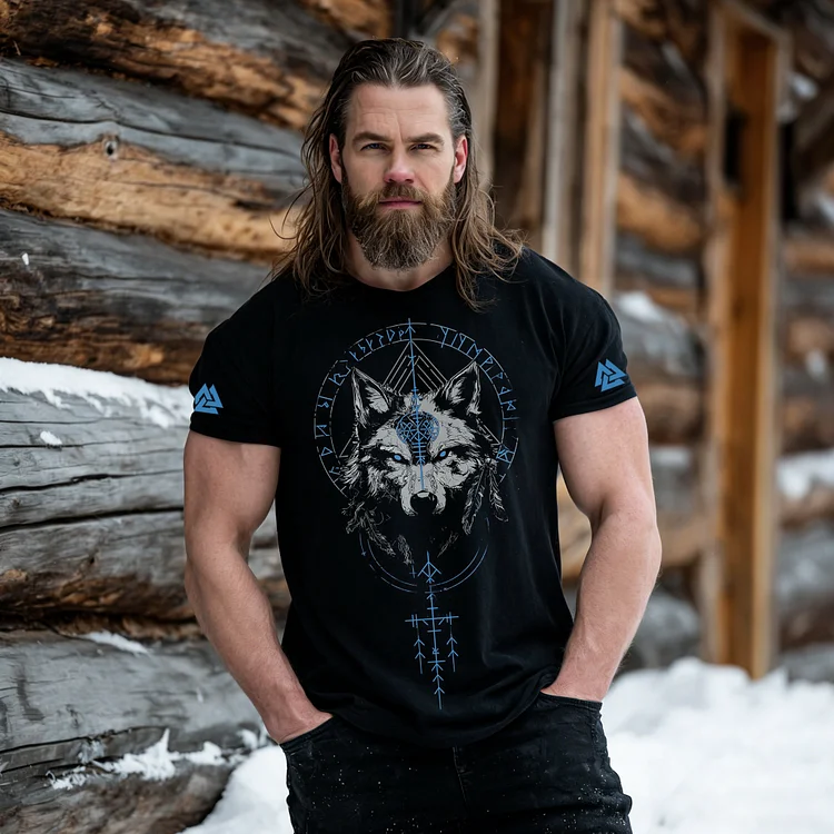 Men's Viking Valknut With Wolf Print Comfy T-shirt