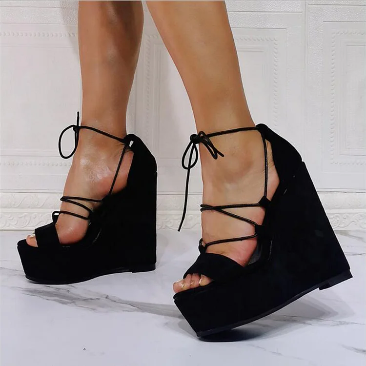 Black Vegan Suede Wedges Heel Platform Lace Up Sandals |FSJ Shoes