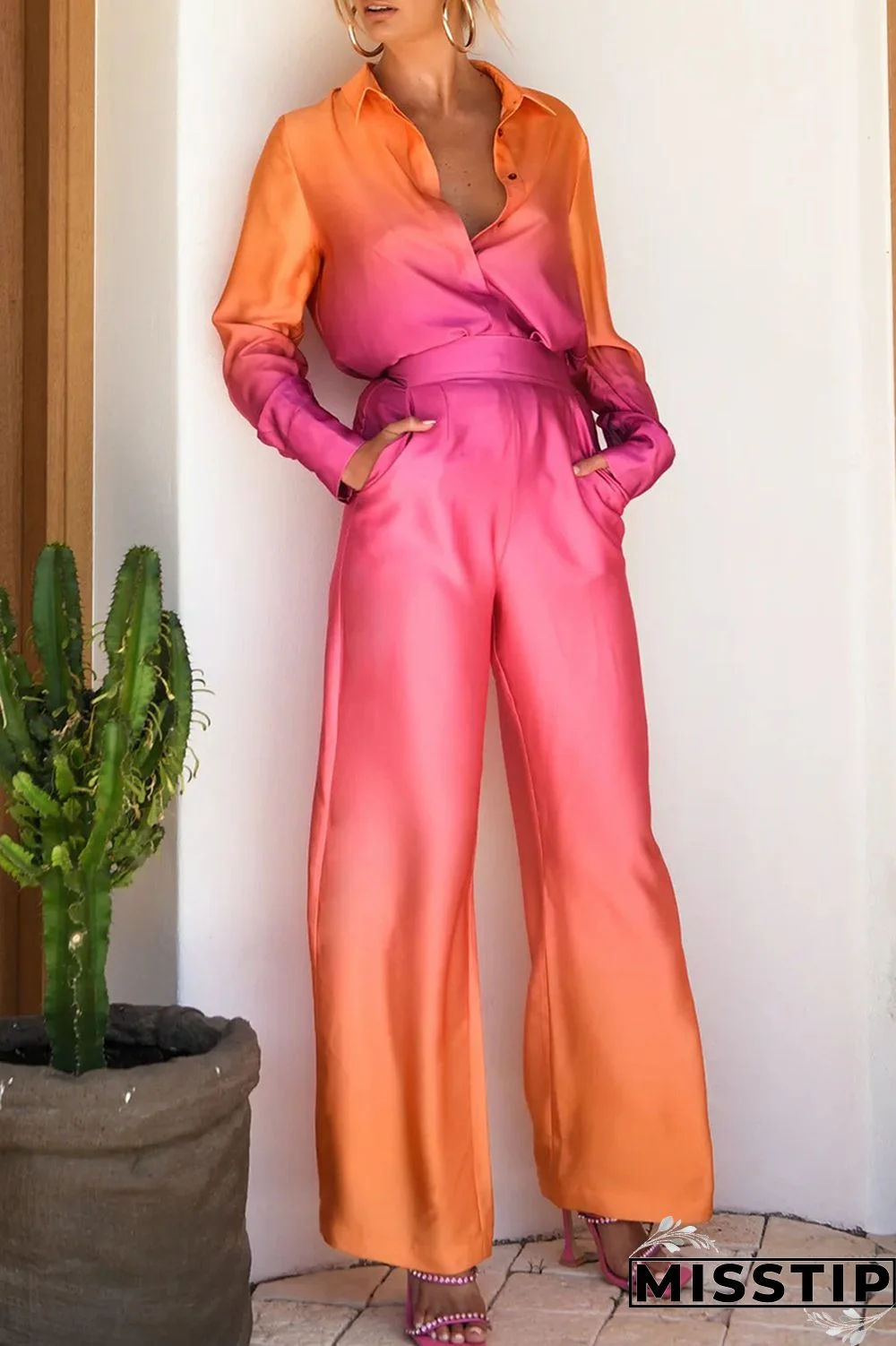 Orange Casual Elegant Gradual Change Contrast Shirt Collar Long Sleeve Two Pieces