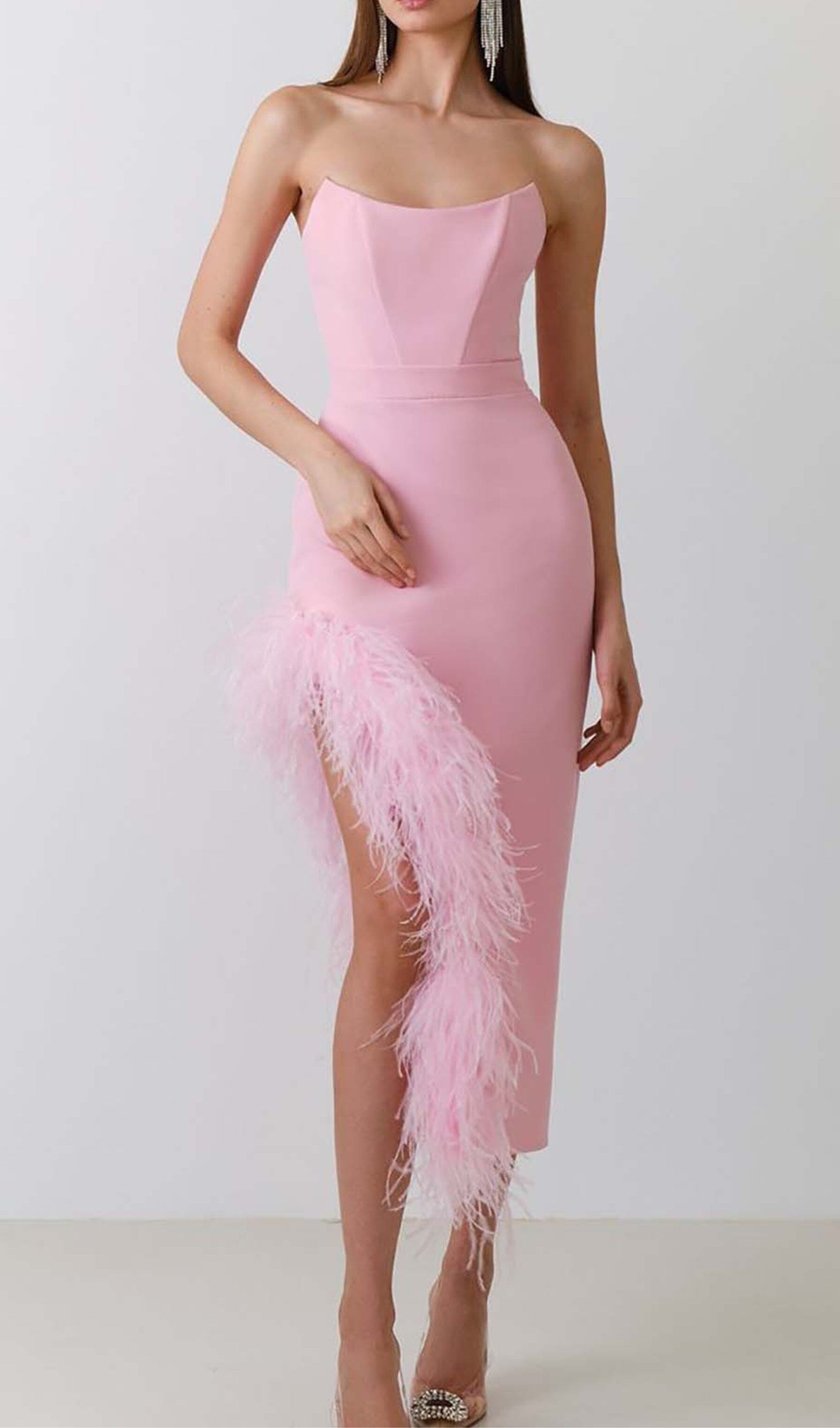 Feather Trim Split Midi Dress In Bubblegum Miss Lee Label