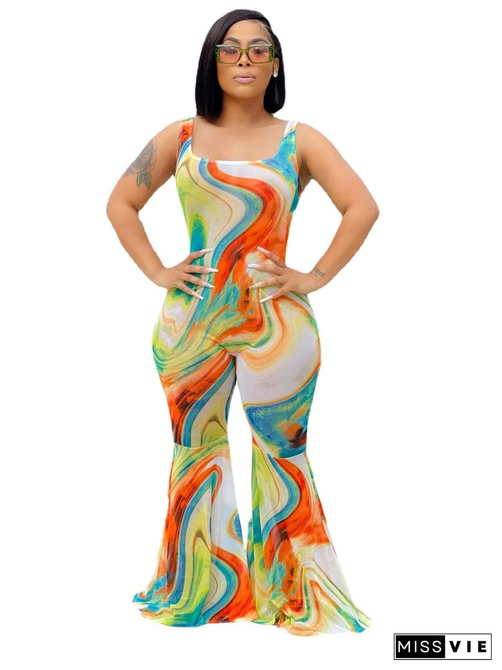 Summer Womens Clothing Casual Tie Dye Print Sleeveless Low Neck Backless Streetwear Bodycon Flare Jumpsuit